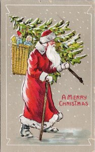 Merry Christmas Santa Claus Carrying Tree Gifts Embossed Postcard H58 *as is