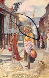 Girl carrying a Cornish picture in Bailey's lane St. Ives, Cornwall Bonnets W...