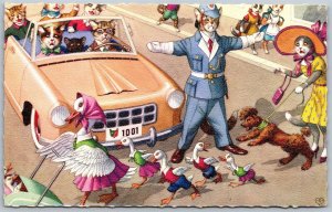 Vtg Mainzer 4877 Dressed Cats Crossing Guard Ducks Anthropomorphic Postcard