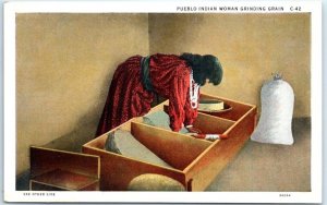 Postcard - Pueblo Indian Woman Grinding Grain - New Mexico