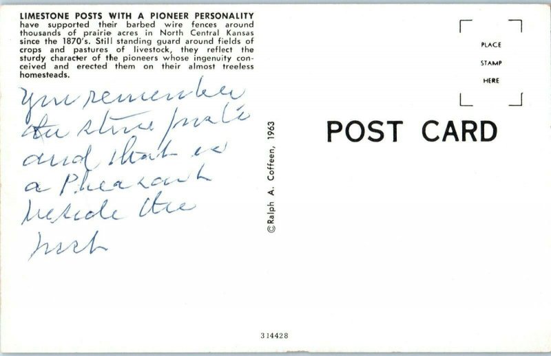 Limestone posts around prairie acres in North Central Kansas Postcard