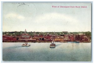 Davenport Iowa IA Postcard View Rock Island Steamer Ship c1910 Vintage Antique