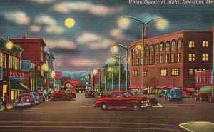 Vintage Postcard 1930's View of The Union Square at Night Lewiston Maine ME