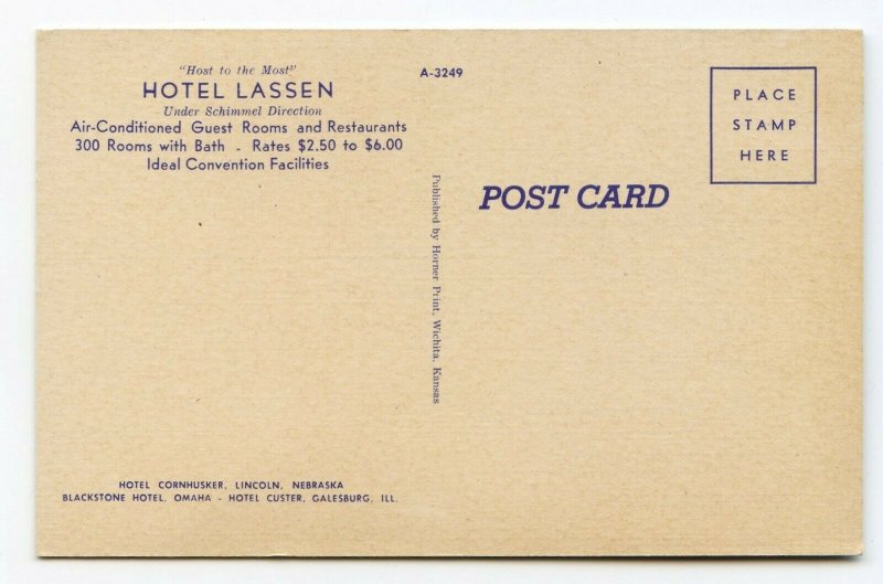 Postcard Hotel Lassen Wichita Kansas Under Schimmel Direction Standard View Card