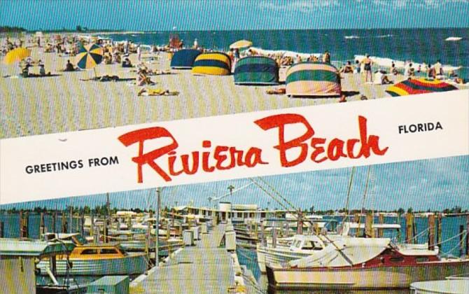 Florida Greetings From Riviera Beach Showing Beach Scene and Boat Basin