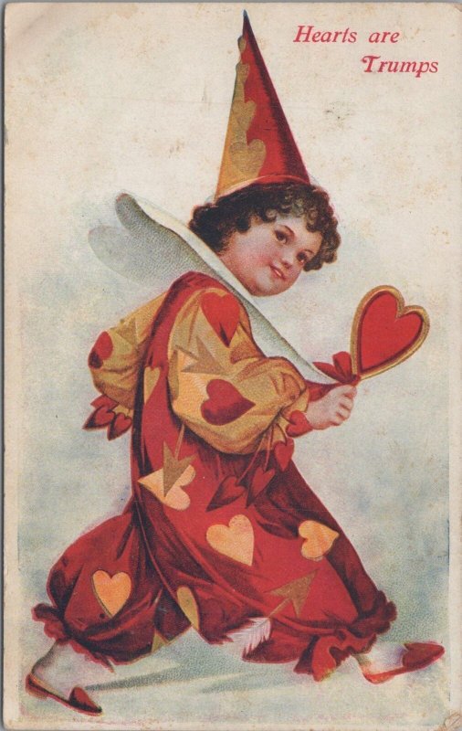 Valentine Postcard Little Girl Clown Heart Costume Hearts are Trumps