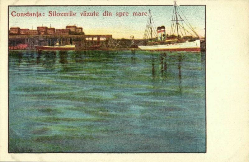 romania, CONSTANȚA, Silozurile văzute din spre Mare (1920s) Postcard