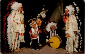 Indian Sioux War Dancers Beautiful Long Headdress Child Drum Petley Postcard V7