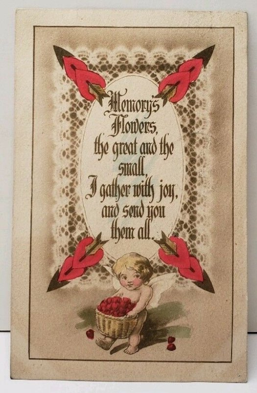 Valentine Cupid Basket of Hearts Memory's Flowers 1912 Hagerstown Postcard E20