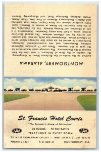 c1940's St. Francis Hotel Courts Montgomery Alabama AL Unposted Map Postcard