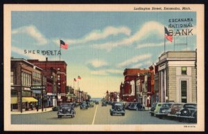 Michigan ESCANABA Ludington Street - LINEN with 1930/40s cars Store Fronts