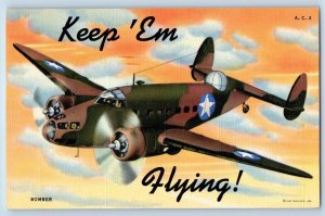 WWII Postcard Airforce Bomber Keep Em Flying c1940's Unposted Vintage