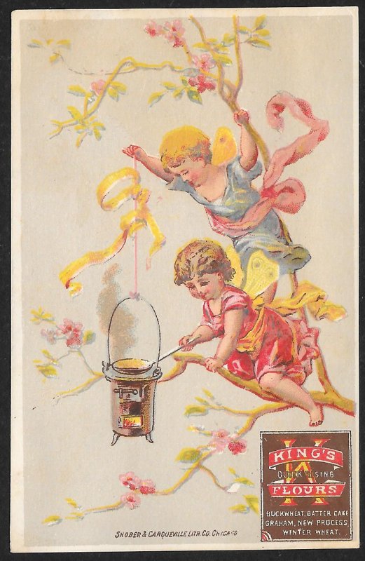 VICTORIAN TRADE CARD Kings Flour Two Girls On Tree Branches Cooking