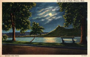 VINTAGE POSTCARD SUGAR LOAF AT NIGHT WINONA MINNESOTA LINEN [weak lower corner]