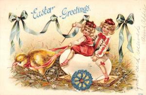 Easter Greetings Children Egg Cart Chick Ribbon Antique Postcard K40951