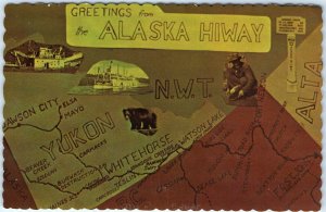 c1950s Greetings from Alaska Hiway Map Dexter Postcard Dawson City Yukon Vtg A80 