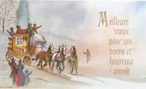 Dilligence. Horses  New Year Greetings French card. Size 13 x 8  cms