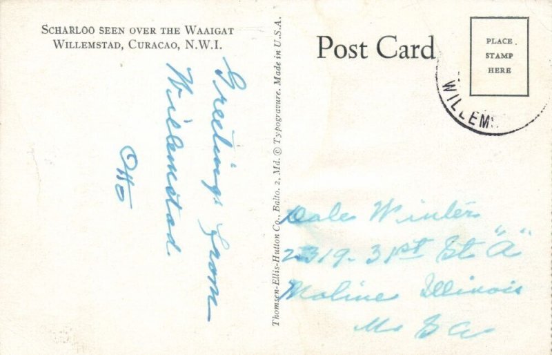 curacao, N.W.I., WILLEMSTAD, Scharloo seen over the Waaigat (1950s) Postcard