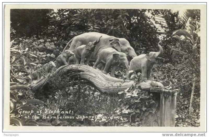 RPPC, Group of Elephants (Statues) at Bernheimer Japanese Gardens California CA