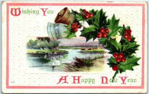 Postcard - Wishing You A Happy New Year - Lake Scene and Holiday Art Print 