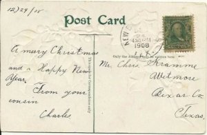 Evergreen Holly Branch 1908 Christmas Greetings Vintage Postcard Merry Christmas