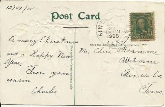 Evergreen Holly Branch 1908 Christmas Greetings Vintage Postcard Merry Christmas