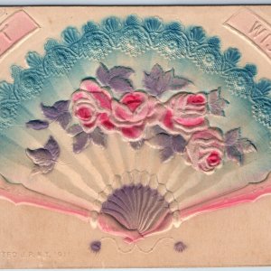 1911 Beautiful Fan Hand Spray Painted Handmade Cloth Roses Flowers Embossed A205
