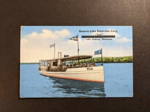 Mint Vintage Geneva Lake Excursion Corp Tula Boat Wisconsin Picture Postcard