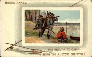 Christmas Men Hunters Carry Dead Deer to Camp Hunting c1910 Vintage Postcard