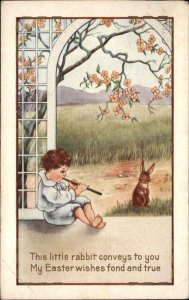 Whitney Easter Little Boy Plays Flute for Rabbit Vintage Postcard