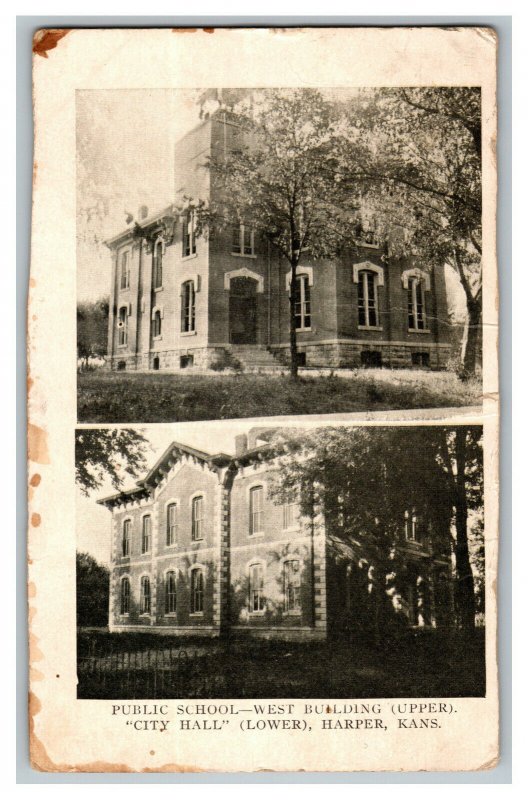 Public School West Bldg. City Hall Harper Kansas Vintage Standard View Postcard 