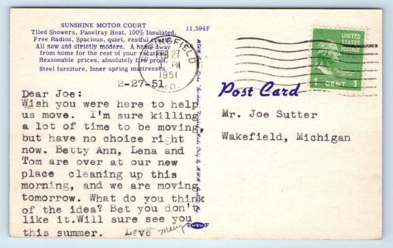 SPRINGFIELD, MO Missouri ~ SUNSHINE MOTOR COURTS ~ 1951 Roadside Linen  Postcard