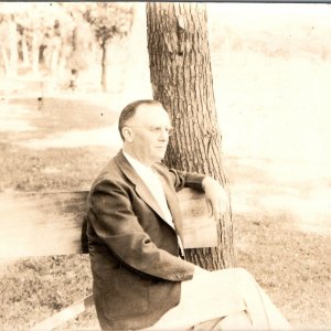 c1880s Man Sitting on Bench RPPC Real Photo Postcard Park Tree Glasses Wise A61