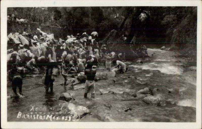 Natives at River in Mexico Banistas Xochimilco - Real Photo Postcard 