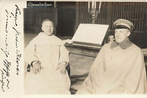 German Soldier & Cleric Candle Stick Table Real Photo Postcard