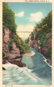 Ithaca NY-New York, Fall Creek Gorge Bridge Scenic View Vintage Postcard