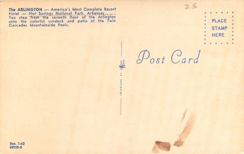 Hot Springs Arkansas~Arlington Resort Hotel~Pool Views~1960s Postcard