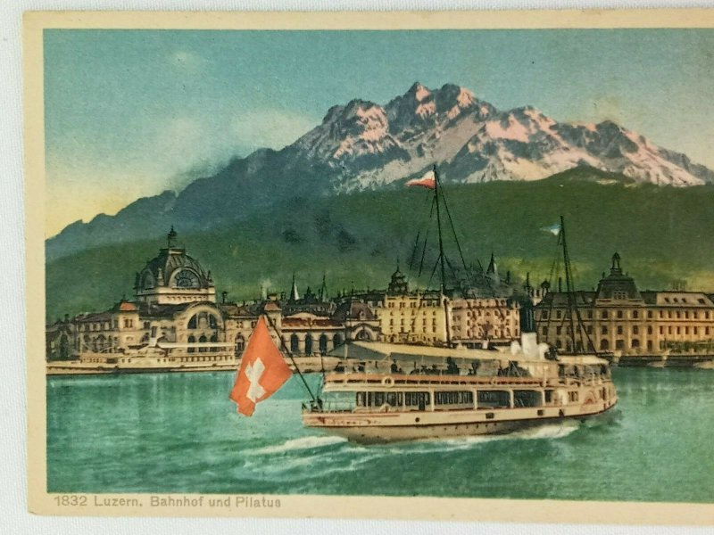 Vintage Postcard 1920's Luzern Bahahof und Pilatus Boat Austria Switzerland