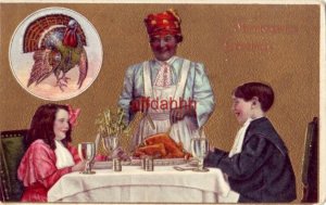 THANKSGIVING GREETINGS maid serves turkey to two children 1909 Series Number 930