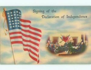 Unused Linen patriotic SIGNING OF DECLARATION & BIG 48 STAR FLAG k8271