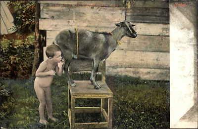 Baby Toddler Nursed by Goat Cuba c1900 Old Postcard