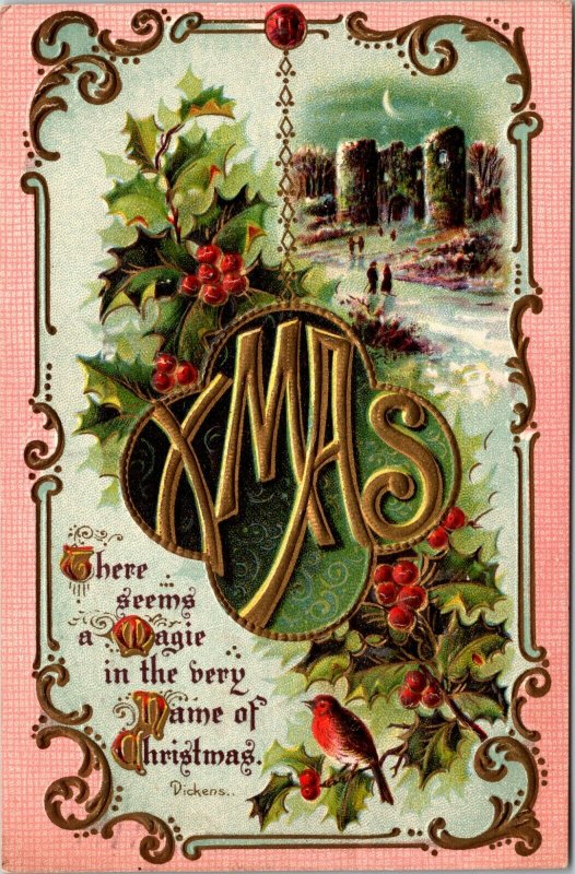 Merry Christmas - XMAS - VINTAGE - Dickens Quote - EMBOSSED - POSTCARD