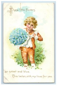 1907 Valentine Boy With Bouquet Of Pansies Flowers Marshalltown Iowa IA Postcard 