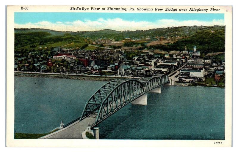 Bird's-Eye View of Kittanning, PA w/ New Bridge over Allegheny River Postcard