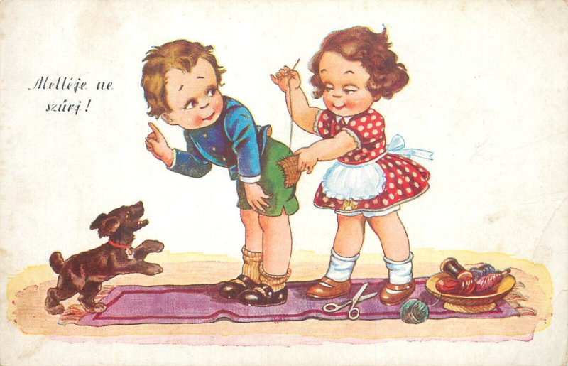 Comic drawn children greetings postcard Hungary