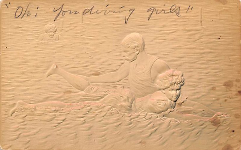 Diving Bathing Beauty Postal Used Unknown writing on front, stains on card