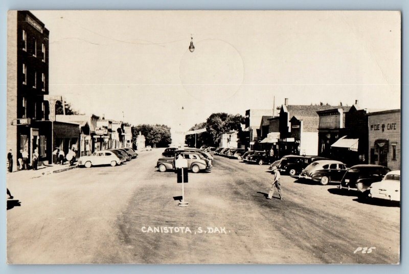 Canistota South Dakota SD Postcard RPPC Photo Main Street View Stores Cars 1950