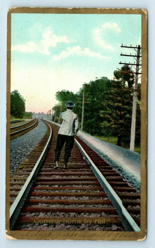 Postcard Coming Home by Rail, greeting man on tracks 1909 G96 