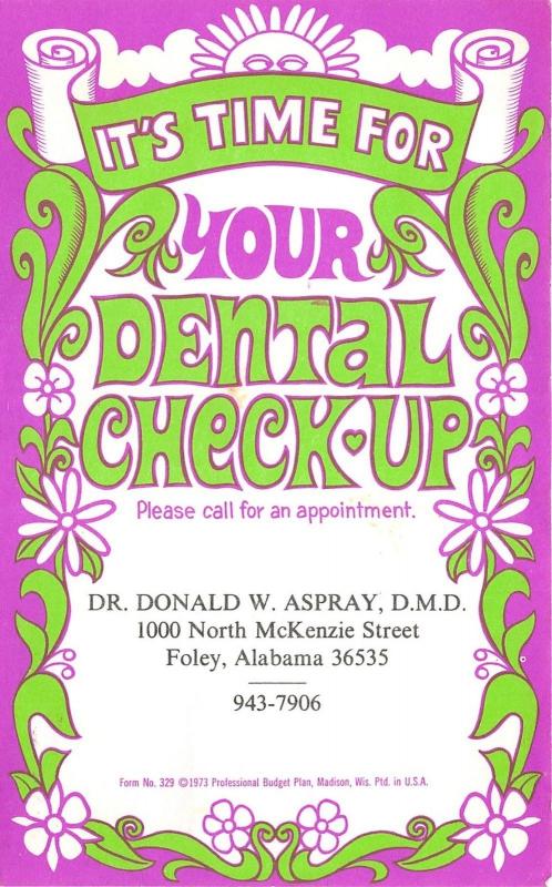 Dr. Donald Aspray Dentist~Appointment Reminder Postcard Mailed 1976