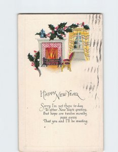 Postcard New Year Greeting Card with Poem and Hollies Embossed Art Print